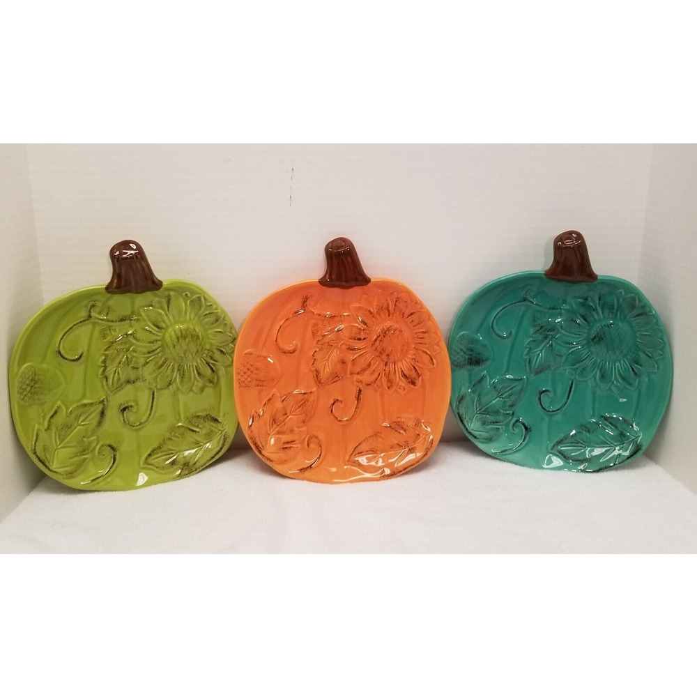 3- pumpkin shaped floral party plates lime green,orange, teal dw/micro safe 9x8